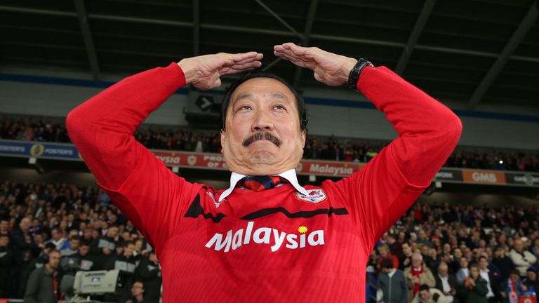 Cardiff City's owner Vincent Tan celebrates gaining promotion to Premier League.