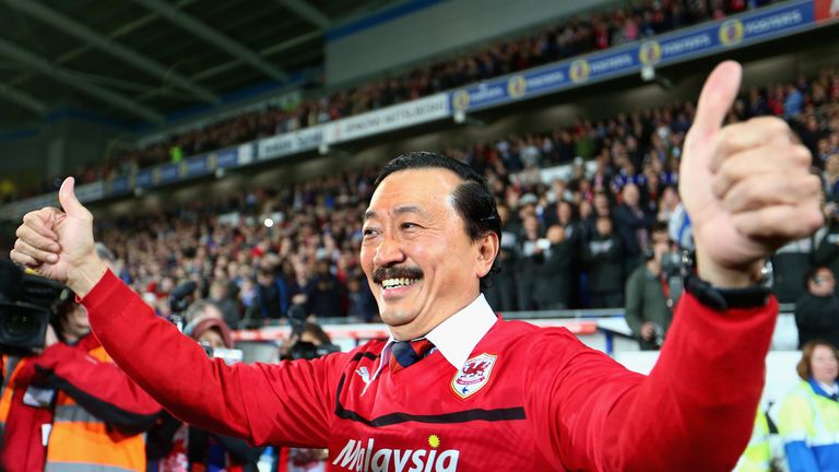 Cardiff City owner Vincent Tan celebrates promotion to the Premier League after the 0-0 draw with Charlton Athletic.