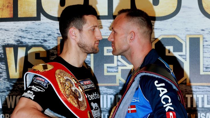 Carl Froch (L) and Mikkel Kessler stand off during press conference at the O2 Arena