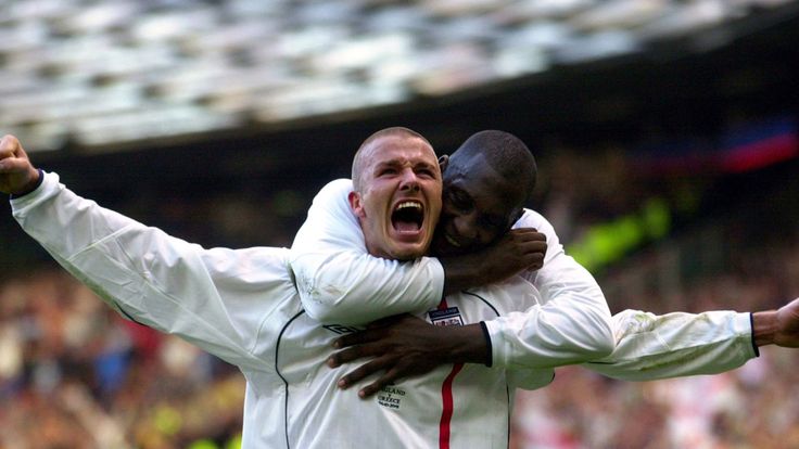 England captain David Beckham celebrates his goal against Greece in 2001