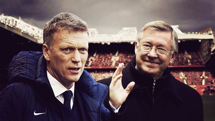 Composite of Sir Alex Ferguson and David Moyes at Old Trafford.