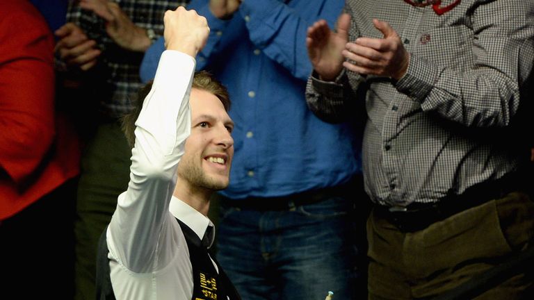 Judd Trump: Celebrates his final-frame victory over Shaun Murphy