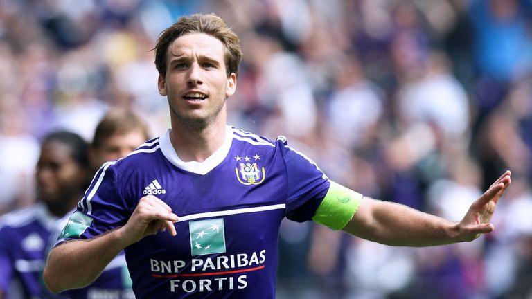 Anderlecht's Lucas Biglia celebrates after scoring the 1-1 goal during the Jupiler Pro League match of Play-Off 1, between RSC Anderlecht and Zulte Waregem, in Brussels, on May 19, 2013, on the last day of the Play-Off 1 of the Belgian football championship. AFP PHOTO/BELGA/ VIRGINIE LEFOUR   -Belgium Out-        (Photo credit should read VIRGINIE LEFOUR/AFP/Getty Images)