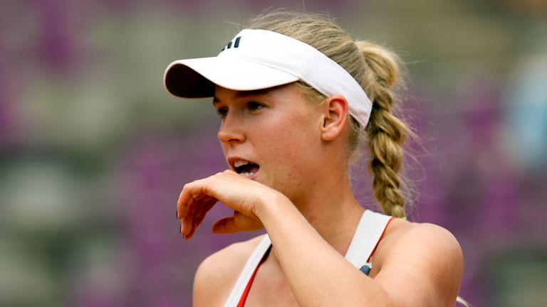 Caroline Wozniacki reacts during her game against Jie Zheng at the WTA Brussels Open