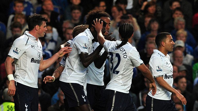 Tottenham Hotspur striker Emmanuel Adebayor celebrates after scoring against Chelsea