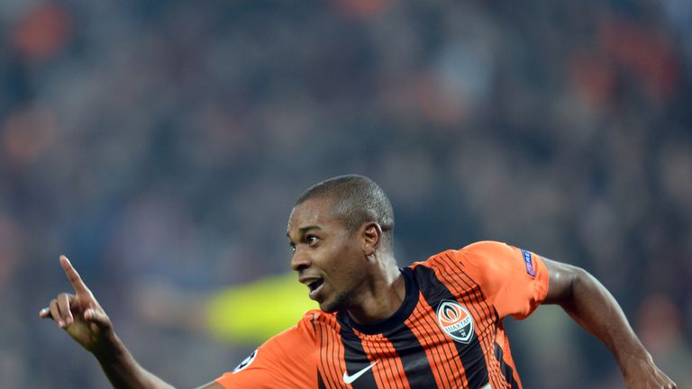 Fernandinho of FC Shakhtar celebrates scoring against Chelsea FC during their UEFA Champions League clash.