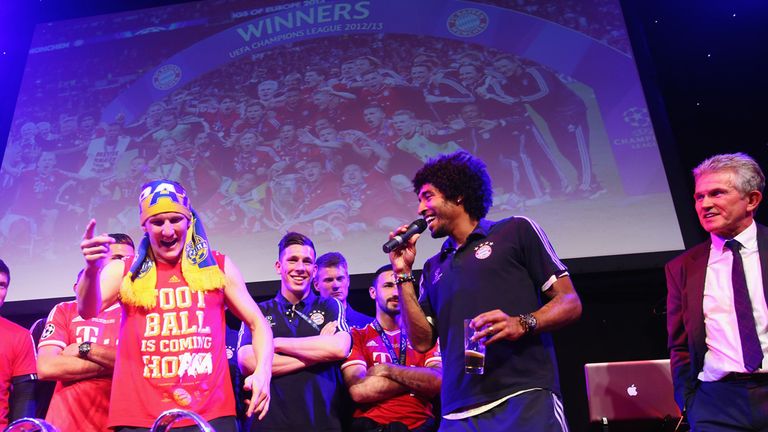 Toni Kroos, Bastian Schweinsteiger, Dante and Jupp Heynckes celebrate at the Bayern Munich Champions League Final banquet at Grosvenor House.
