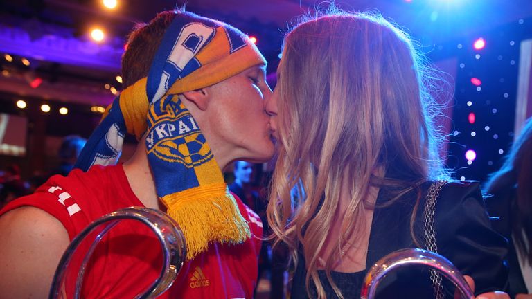 Bastian Schweinsteiger celebrates with Sarah Brandner at the Bayern Munich Champions League Finale banquet at Grosvenor House.
