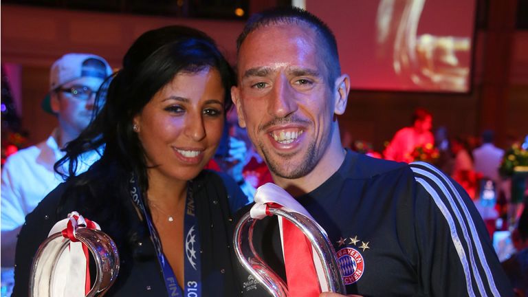 Franck Ribery celebrates with Wahiba Belhami at the Bayern Munich Champions League Finale banquet at Grosvenor House.