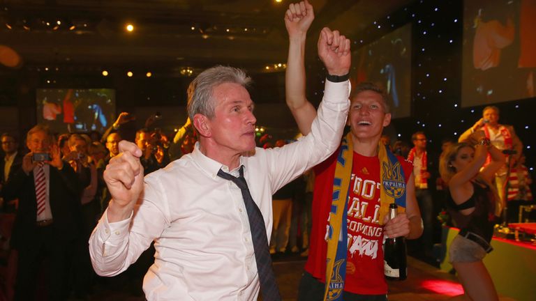 Jupp Heynckes celebrates with Bastian Schweinsteiger at the Bayern Munich Champions League Finale banquet at Grosvenor House.