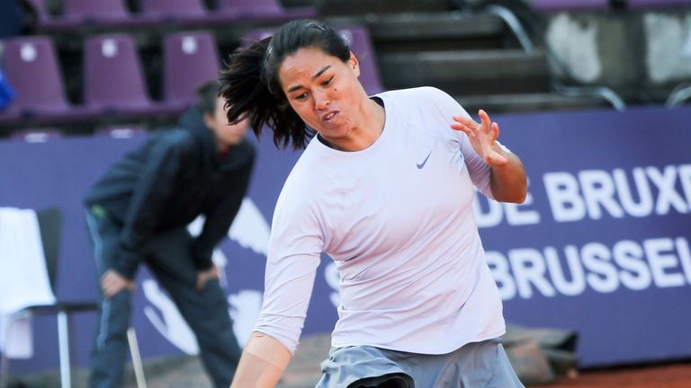 Jamie Hampton returns a ball to during the WTA Brussels Open