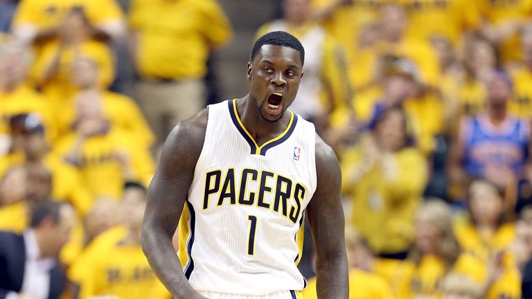 Lance Stephenson playing for Indiana Pacers in game six of their Eastern Conference semi-finals play-off series against New York Knicks 