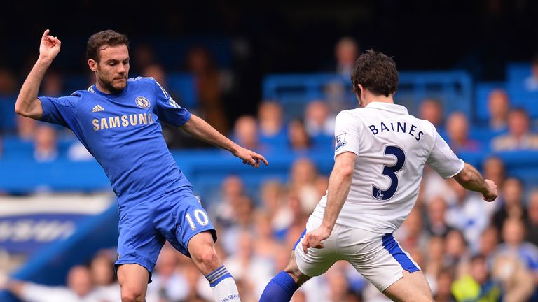 Leighton Baines of Everton and Juan Mata of Chelsea battle for the ball 