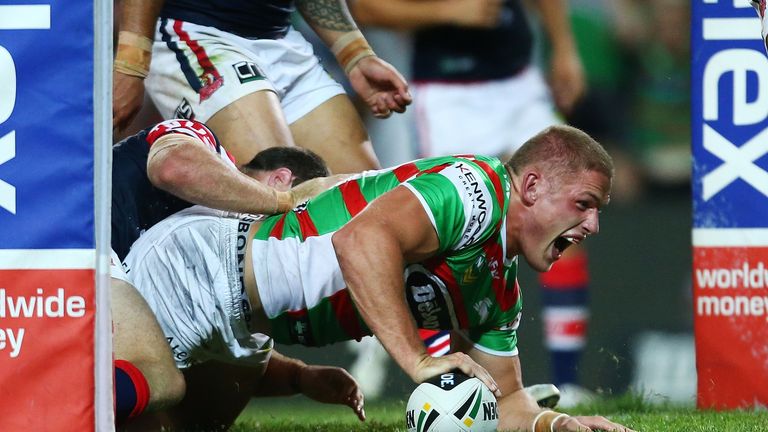 Former Bradford prop George Burgess scores a try for the South Sydney Rabbitohs in the NRL