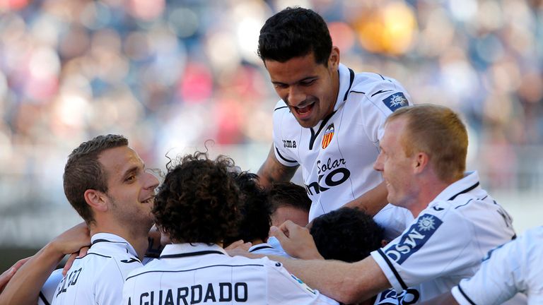 Valencia forward Roberto Soldado celebrates