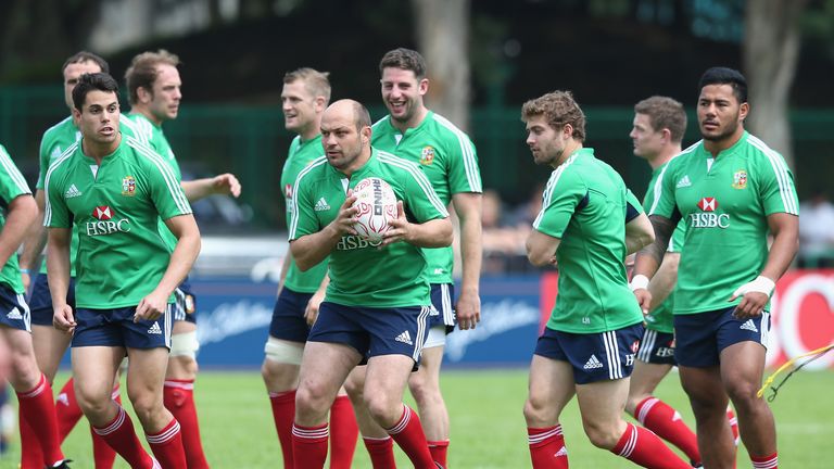 Rory Best runs with the ball during a British and Irish Lions training in Hong Kong.
