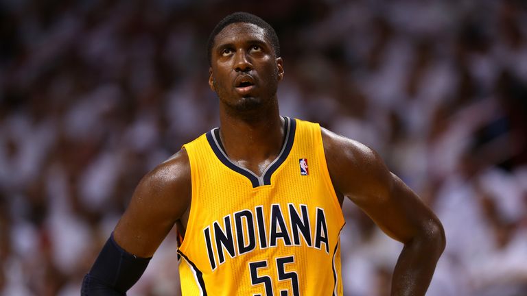 Roy Hibbert of the Indiana Pacers looks on during Game One of the Eastern Conference Finals