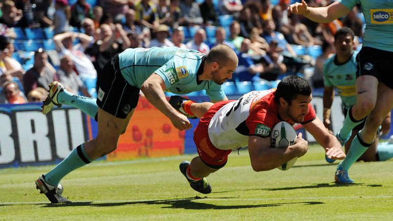Catalan Dragons' Frederic Vaccari dives over to score a try during the Super League Magic Weekend at the Etihad Stadium, Manchester.