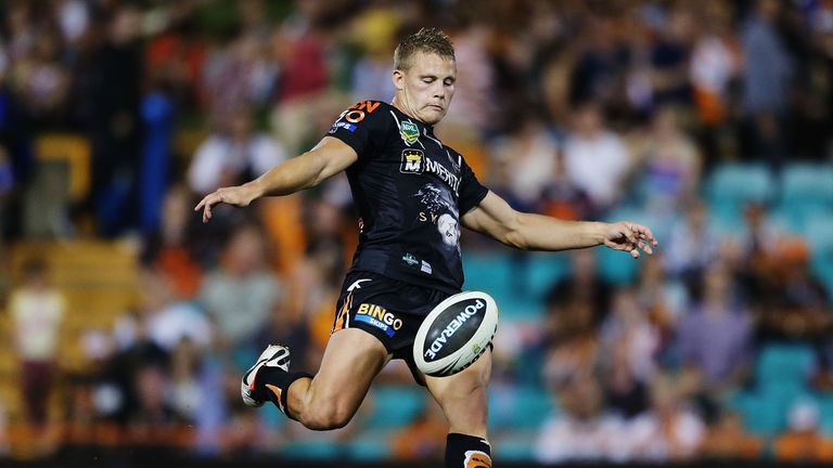 Jacob Miller of Wests Tigers kicks during the round three NRL match against Parramatta Eels