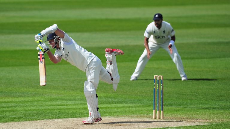 Middlesex batsman Sam Robson drives during the LV County Championship Division One game between Warwickshire and Middlesex at Edgbaston