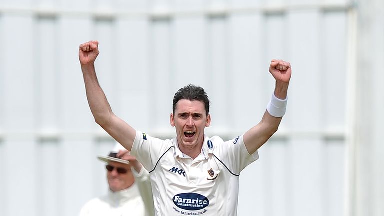 Steve Magoffin: Sussex seamer celebrates a wicket against Somerset in the County Championship at Horsham