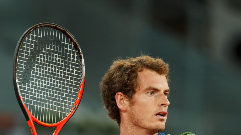 Andy Murray looks on in his match against Gilles Simon in the third round of the Mutua Madrid Open