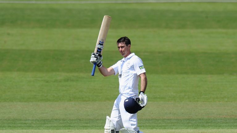 Wayne Madsen of Derbyshire celebrates reaching his 150 during the LV County Championship Division One match against Surrey at the County Ground