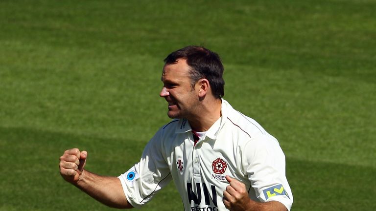 James Middlebrook of Northants celebrates taking the wicket of Zander de Bruyn of Surrey during the first day of the LV= County Championship Division Two match between Surrey and Northants at The Kia Oval on April 8, 2011 in London, United Kingdom