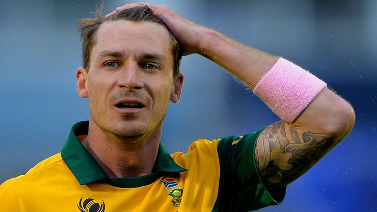 South Africa's Dale Steyn reacts during the 2013 ICC Champions Trophy cricket match between West Indies and South Africa at the Cardiff Wales Stadium