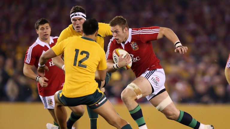 Dan Lydiate of the Lions runs with the ball in the second Test against Australia
