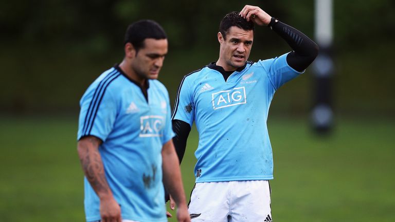 Piri Weepu of the All Blacks and Daniel Carter of the All Blacks run through drills during a training session at Yarrow Stadium on June 18, 2013 in New Plymouth, New Zealand