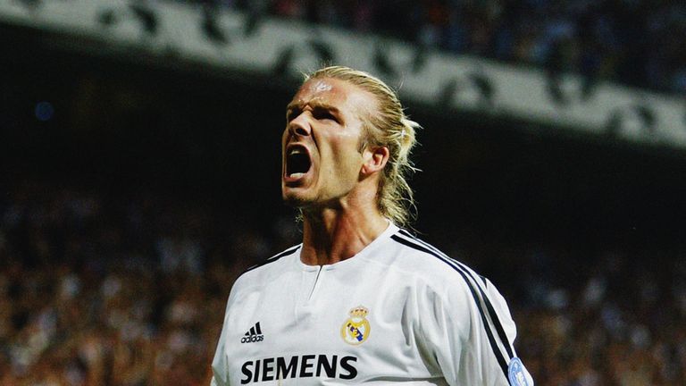 David Beckham celebrates Real Madrid's opening goal during the Champions League match between against Olympic Marseille in 2003.