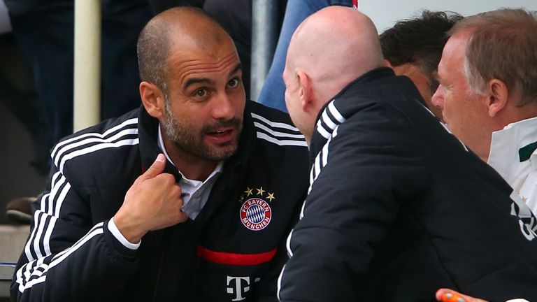 WEIDEN IN DER OBERPFALZ, GERMANY - JUNE 29:  Josep Guardiola (L), head coach of FC Bayern Muenchen talks to his sporting director Matthias Sammer during the friendly match between Fanclub Wildenau and FC Bayern Muenchen at Sparda-Bank Stadium on June 29, 2013 in Weiden in der Oberpfalz, Germany.  (Photo by Alexander Hassenstein/Bongarts/Getty Images)