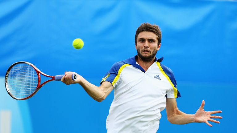 Gilles Simon of France returns in his men's singles semi final match against Andreas Seppi of Italy during day seven of the AEGON International tennis tournament at Devonshire Park on June 21, 2013 in Eastbourne, England