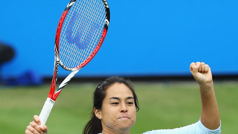 Jamie Hampton celebrates victory against Caroline Wozniacki at the  AEGON International