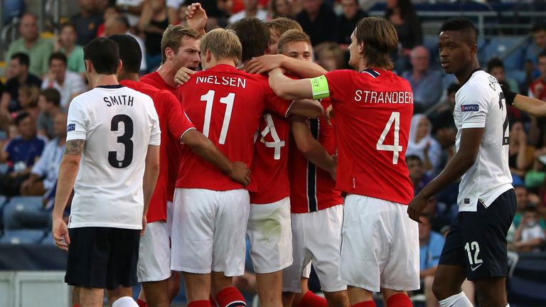 Norway celebrate after forward Jo Inge Berget scored  against England 