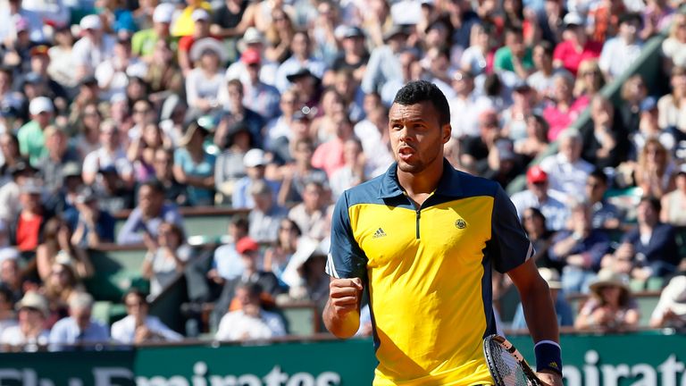 Jo-Wilfried Tsonga reacts during a French Open quarter-final match at Roland Garros