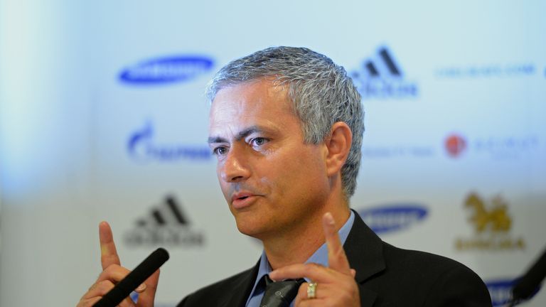 Chelsea football club's new manager Jose Mourinho addresses a press conference at Stamford Bridge.