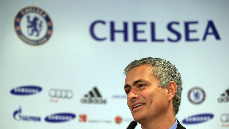 New Chelsea manager Jose Mourinho talks to the media during the Chelsea press conference at Stamford Bridge.