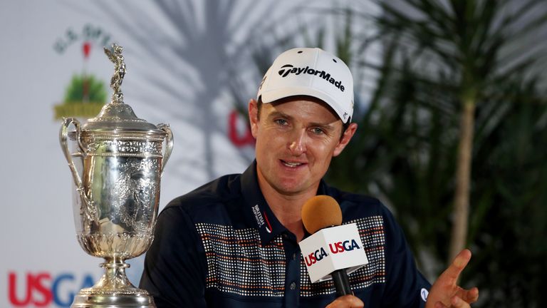 Justin Rose of England addresses the media with the U.S. Open trophy after winning the 113th U.S. Open at Merion Golf Club on June 16, 2013 in Ardmore, Pennsylvania