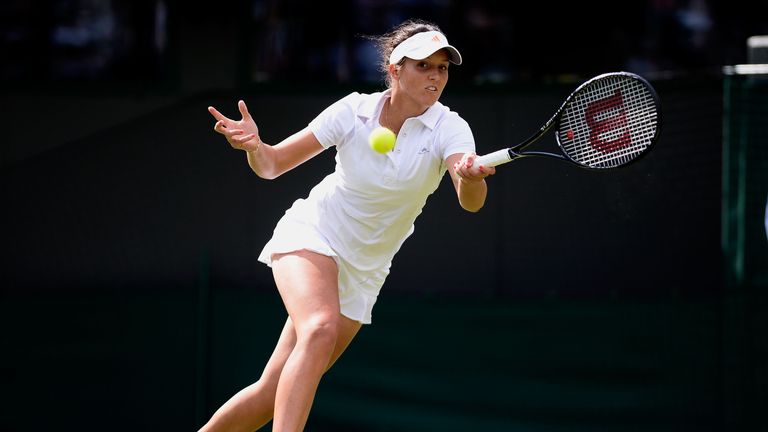 Laura Robson plays a forehand during her first round match against Maria Kirilenko  on day two of the Wimbledon Championships.