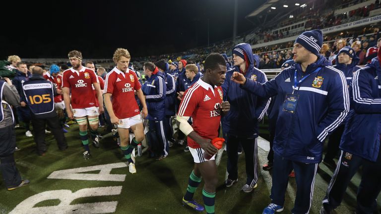Sam Warburton (R) the Lions tour captain commiserates with Christian Wade after their defeat during against the Brumbies
