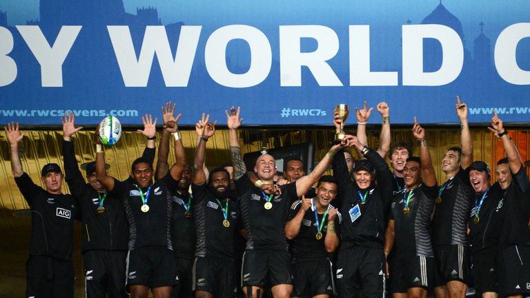 New Zealand's players pose with their medals as they celebrate their victory over England in Rugby World Cup Sevens 2013 final match in the Luzhniki Stadium in Moscow on June 30, 2013. They won 33-0
