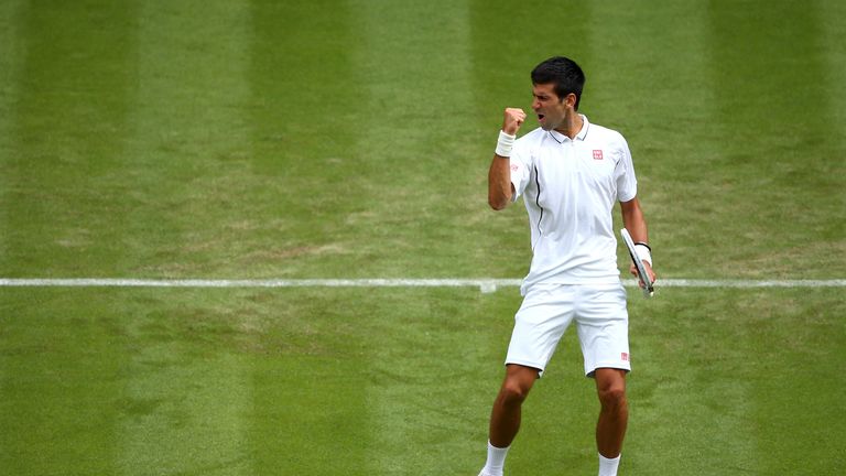 Novak Djokovic of Serbia celebrates a point during his Gentlemen's Singles first round match against Florian Mayer of Germany on day two of the Wimbledon Lawn Tennis Championships at the All England Lawn Tennis and Croquet Club on June 25, 2013 in London, England