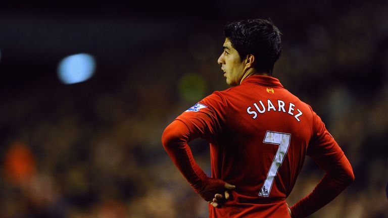 Luis Suarez of Liverpool looks on during the Barclays Premier League match between Liverpool and Sunderland at Anfield on January 2, 2013 in Liverpool, England. 