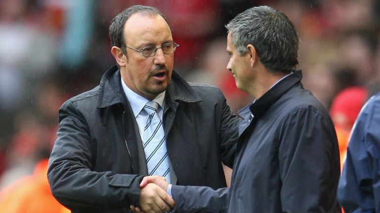  Liverpool Manager Rafael Benitez shakes hands with Chelsea Manager Jose Mourinho at the end of the Barclays Premier League match between Liverpool and Chelsea at Anfield on August 19, 2007 in Liverpool, England.  (Photo by Phil Cole/Getty Images) *** Local Caption *** Rafael Benitez;Jose Mourinho