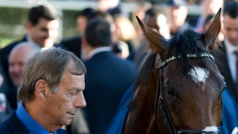 ASCOT, ENGLAND - OCTOBER 15: Sir Henry Cecil with Frankel at Ascot racecourse on October 15, 2011 in Ascot, England. (Photo by Alan Crowhurst/Getty Images)