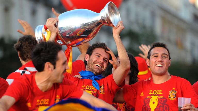 Spain players Juan Mata and Santi Cazorla celebrate Euro 2012 win