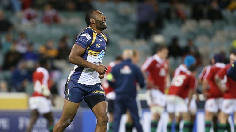 Tevita Kuridrani of the Brumbies celebrates after scoring a try against the Lions