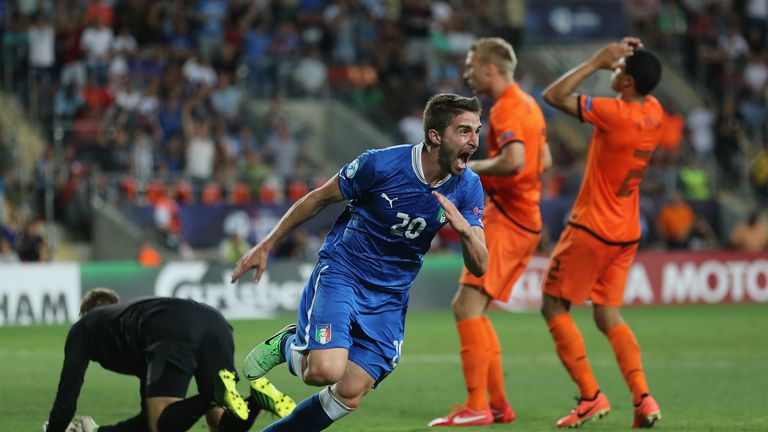 Fabio Borini of Italy celebrates scring the first goal during the UEFA European U21 Championships, Semi- Final match between Italy and the Netherlands 